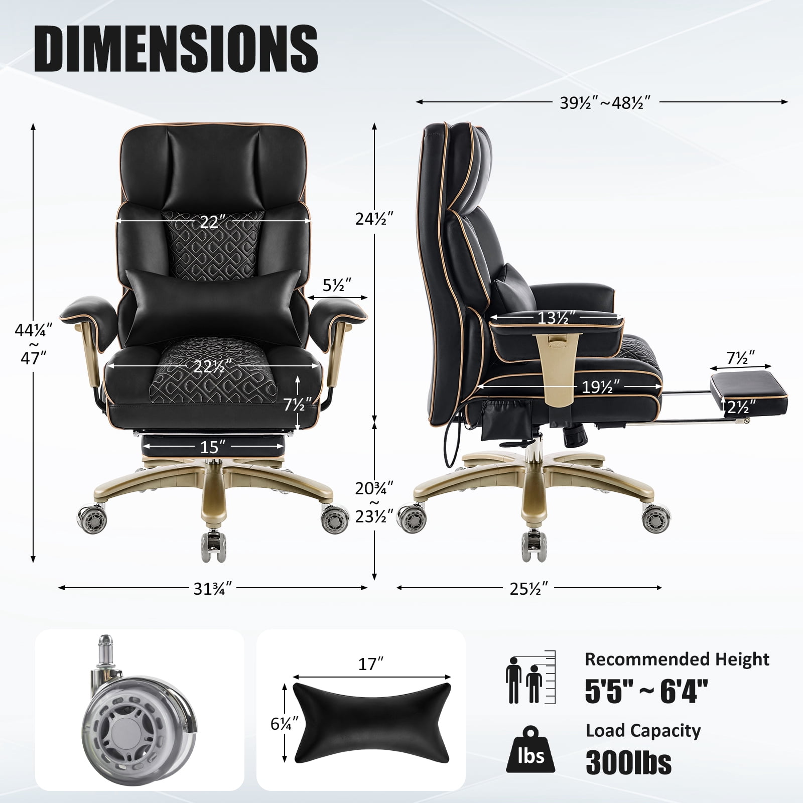 Falvinoryn Big and Tall Office Chair, Heavy-Duty Executive Office Chairs with Adjustable Lumbar and Quiet Rubber, Ergonomic High Back Computer Desk Chair, Black