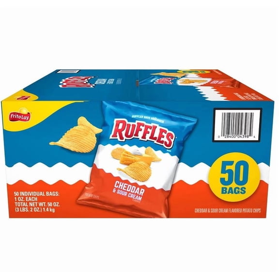 Ruffles Cheddar & Sour Cream Potato Chips, 50-Count Individually Wrapped 1 oz Snack Bags