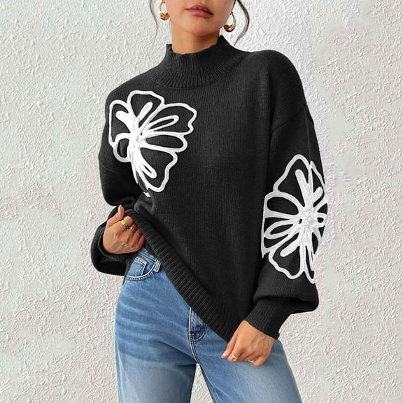 Ailaofu Women's Old Money Clothes Floral Turtleneck Long Sleeve Sweater Elegant and Casual Cute Pullover Knit Sweater Top