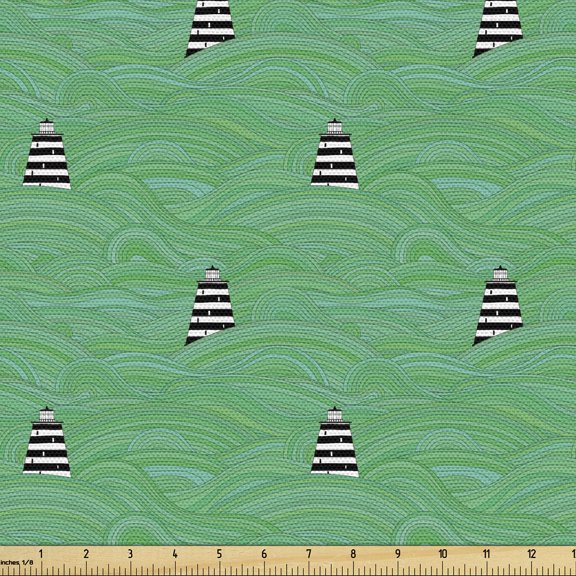 Lighthouse Fabric by the Yard, Abstract Ocean Waves Pattern Swirl Stripes Nautical Vintage Marine, Upholstery Fabric for Dining Chairs Home Decor Accents, 10 Yards, Green Black White by Ambesonne
