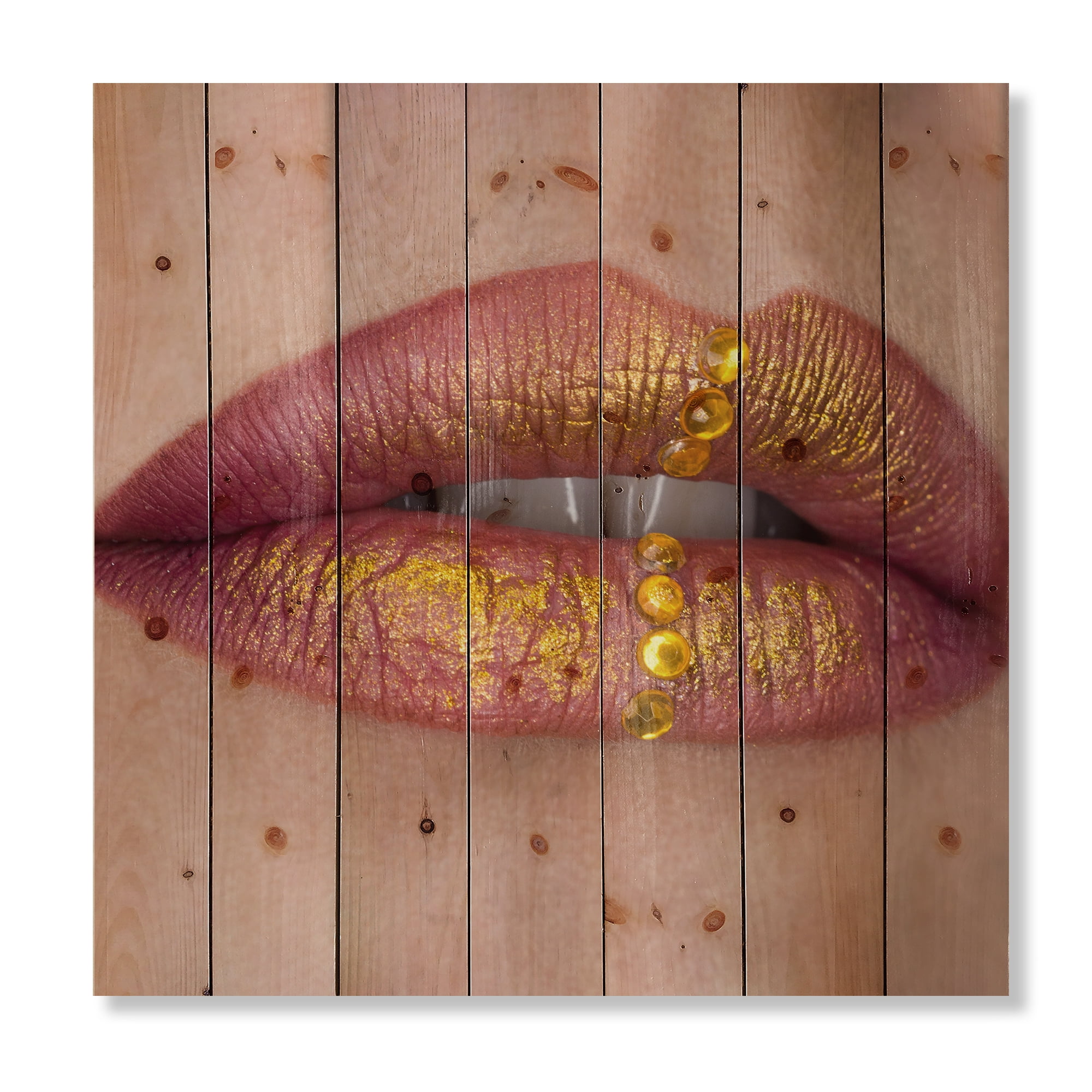 Designart 'Woman Lips Close-Up With Red Lipstick, Gold Paint' Modern Print on Natural Pine Wood