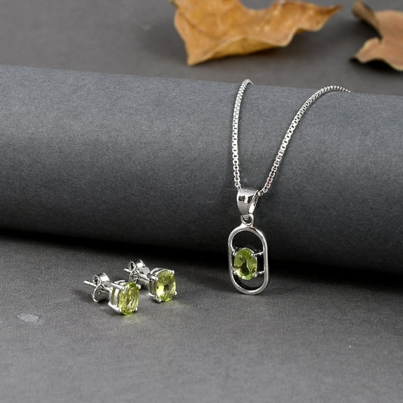 Femme Jam 925 Sterling Silver Oval Cut Natural Peridot Gemstone Jewelry Set for Women