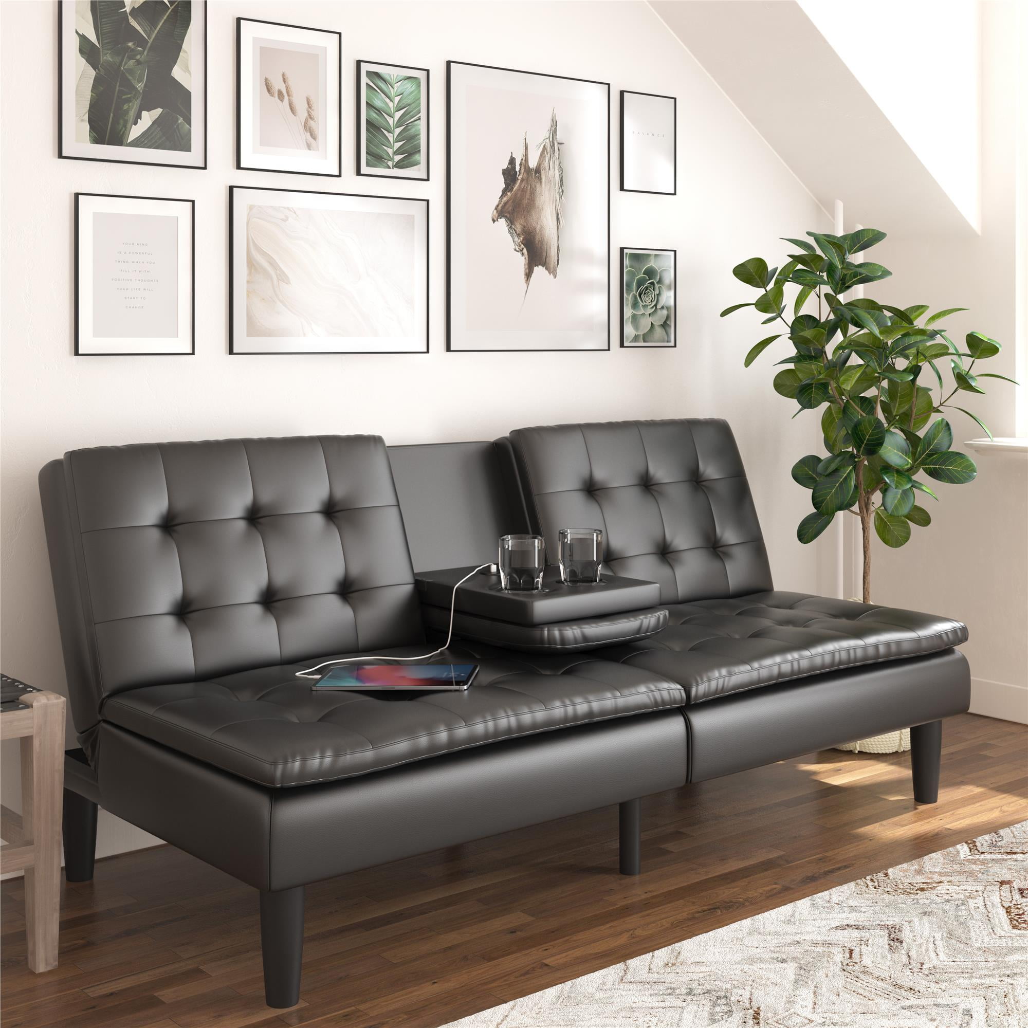 Mainstays Memory Foam 71.5 in Futon with Cupholder and USB, Black