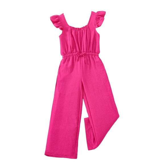 Kucnuzki 9 Years Big Girls Jumpsuit 10 Year Youth Kids Child Summer Clothes Ruffle Sleeveless Solid Color One-piece Overalls Wide Leg Pants Casual Clothing Pink
