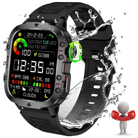 Military Smart Watch for Men 3ATM Waterproof Bluetooth Make Calls Smartwatch Compatible with iPhone Android Phones 1.96" HD Big Screen Black