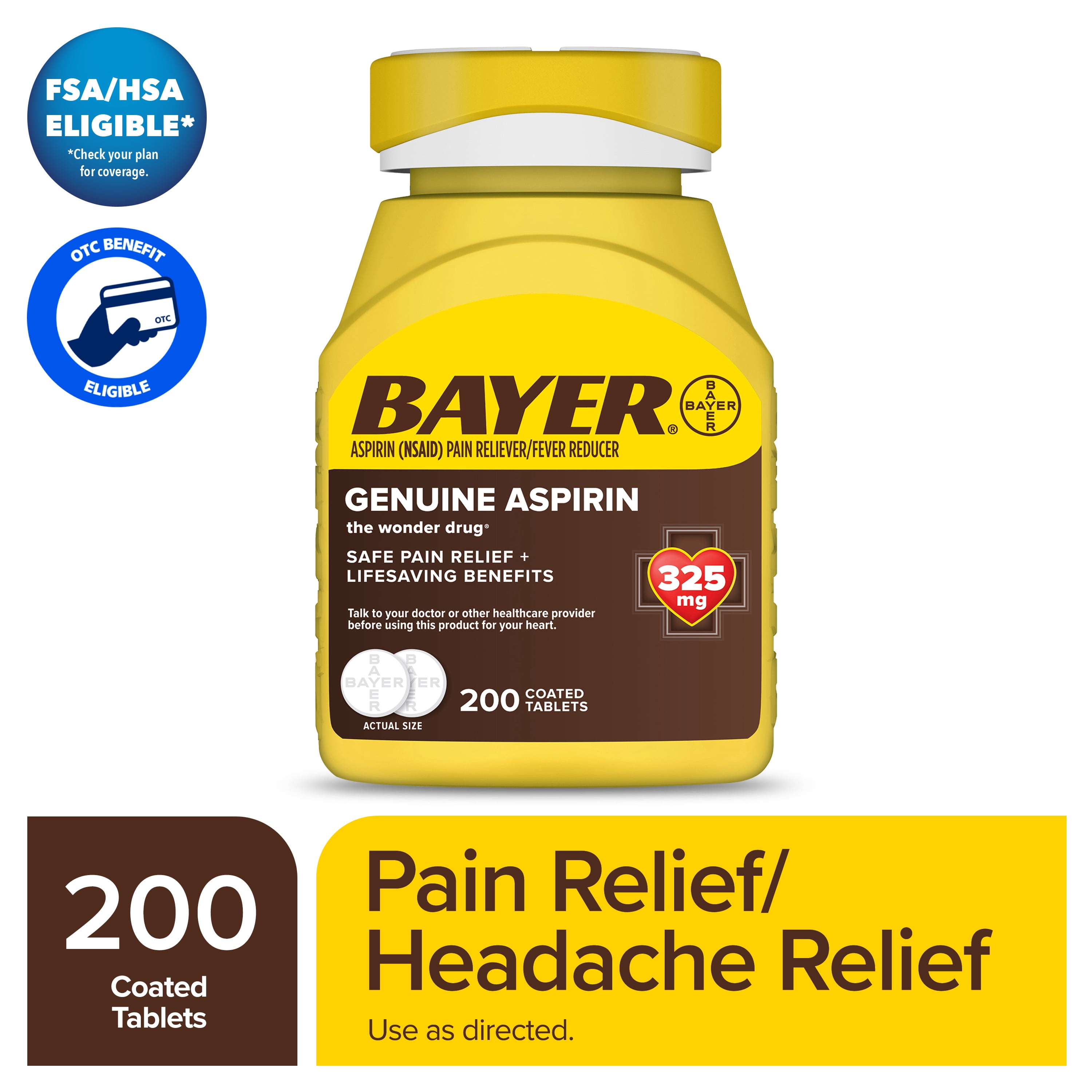 (4 pack) Bayer Genuine Aspirin 325 mg Coated Tablets for Multi-symptom pain relief and Headache Relief, 200 Count