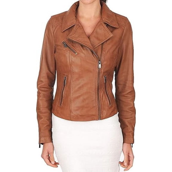Women's Genuine Tan Lambskin Leather Jacket Motorcycle Slim fit Biker Jacket W650