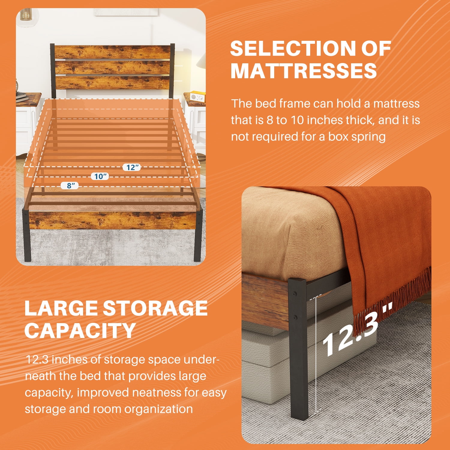 Twin Bed Frame, Mattress Foundation with Headboard, No Box Spring Needed, 700LBS Sturdy Metal Slats Support, Noise Free