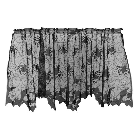 Halloween Lace Window Curtain with Spider and Bats Design, Sheer Curtain for Indoor, Lampshade, Fireplace Cloth,Bats Window Curtain
