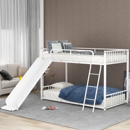Twin Bunk Beds for Kids  Metal Bunk Bed with Slide  No Box Spring Required (White Low Bunk Beds with Slide)