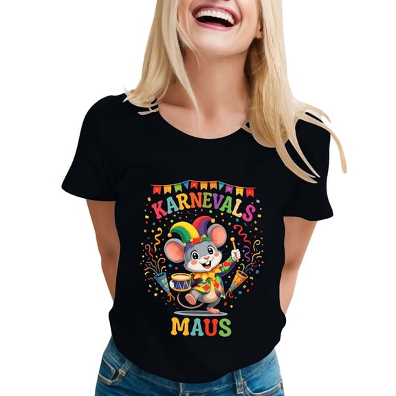 XAOFW Women's T-Shirts Carnival Short Sleeve Crewneck Cartoon Print T Shirt Daily Wear Relaxed Fit Tee Shirts Party Night Trendy Cozy Top
