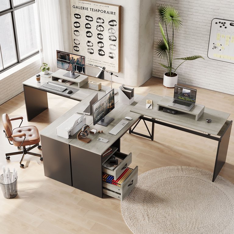 Bestier L Shaped Desk With Drawers, 55.7" X 55" Office Computer Desk With Round Corners, Monitor