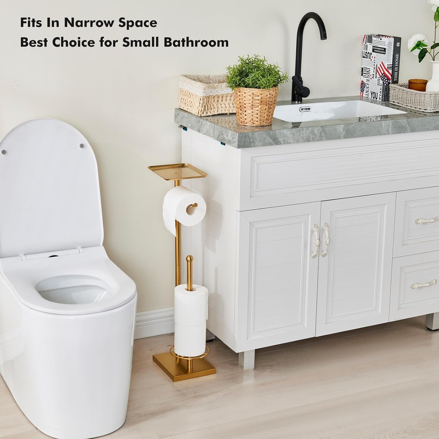 Toilet Paper Holder with Tray at The Top, Heavy-Weighted Base No Wobbly, Freestanding Toilet Paper Rolls Stand, Hold Extra 3 Paper Rolls On The Base (Gold)