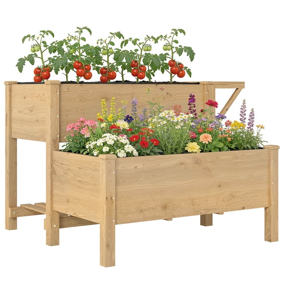Outsunny Wooden Raised Garden Bed, 2-Tier Raised Planter with Shelf