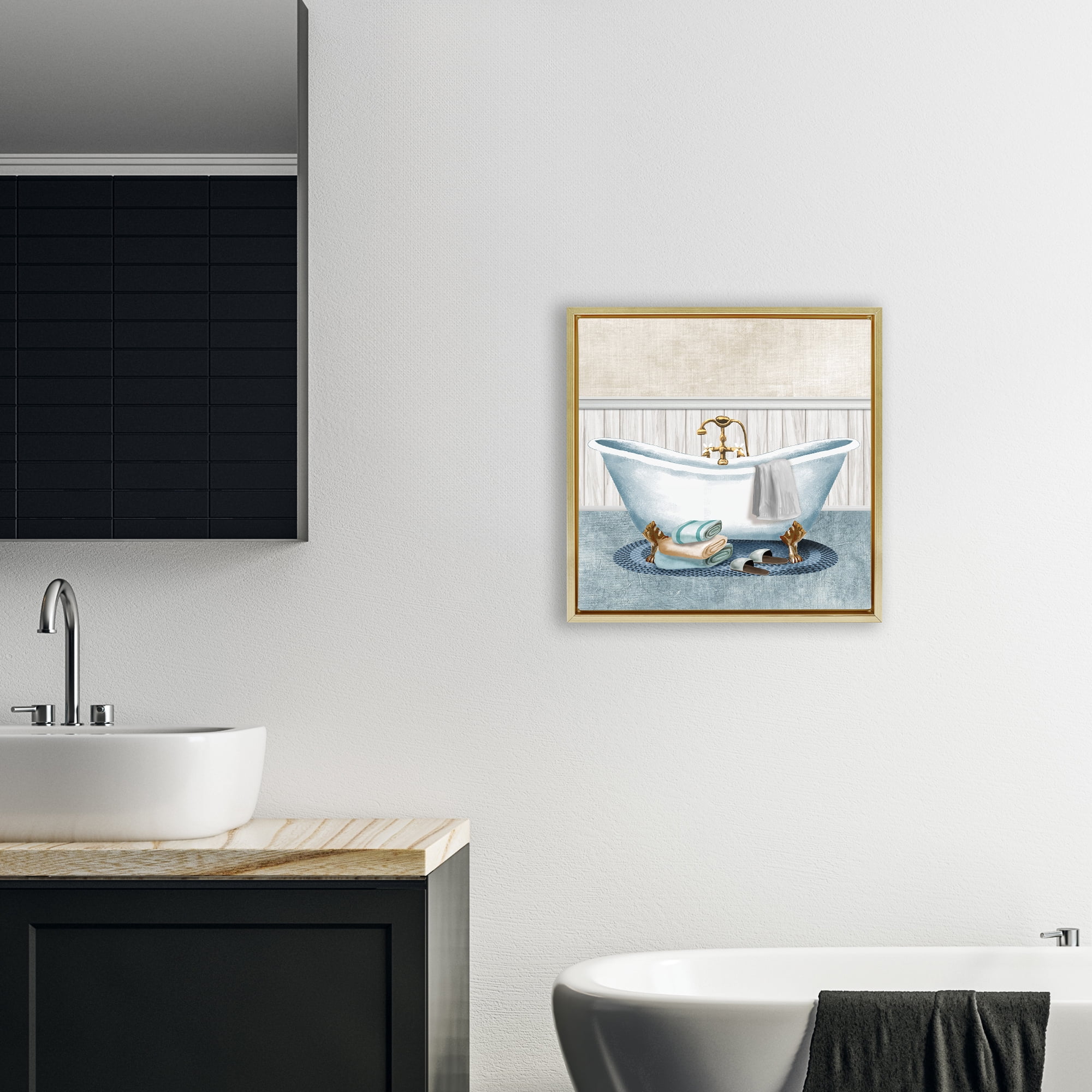 Stupell Industries Cozy Spa Bathtub & Slippers Gold Framed Floater Canvas Wall Art, design by Conrad Knutsen