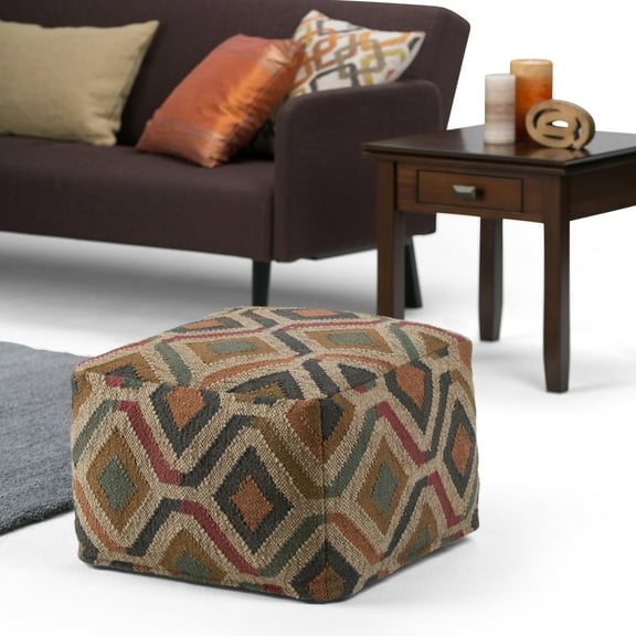 WyndenHall Mirella Boho Square Pouf Kilim Patterned Antique Wool, Jute Geometric Handmade Traditional, Casual