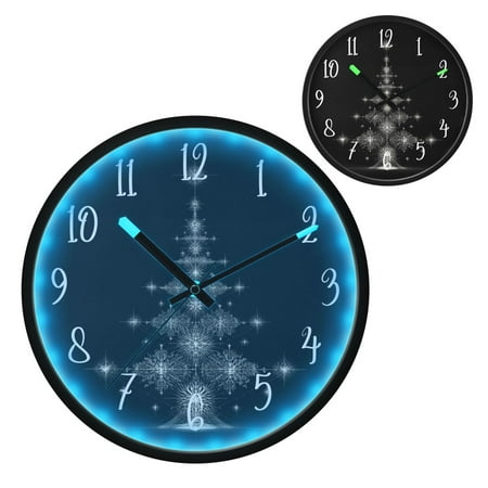 Voice Controlled Luminous Clock LED Night Light 12 Inch Silent Wall Clock Suitable for Bedroom and Living Room Home Decoration Silver Christmas Tree