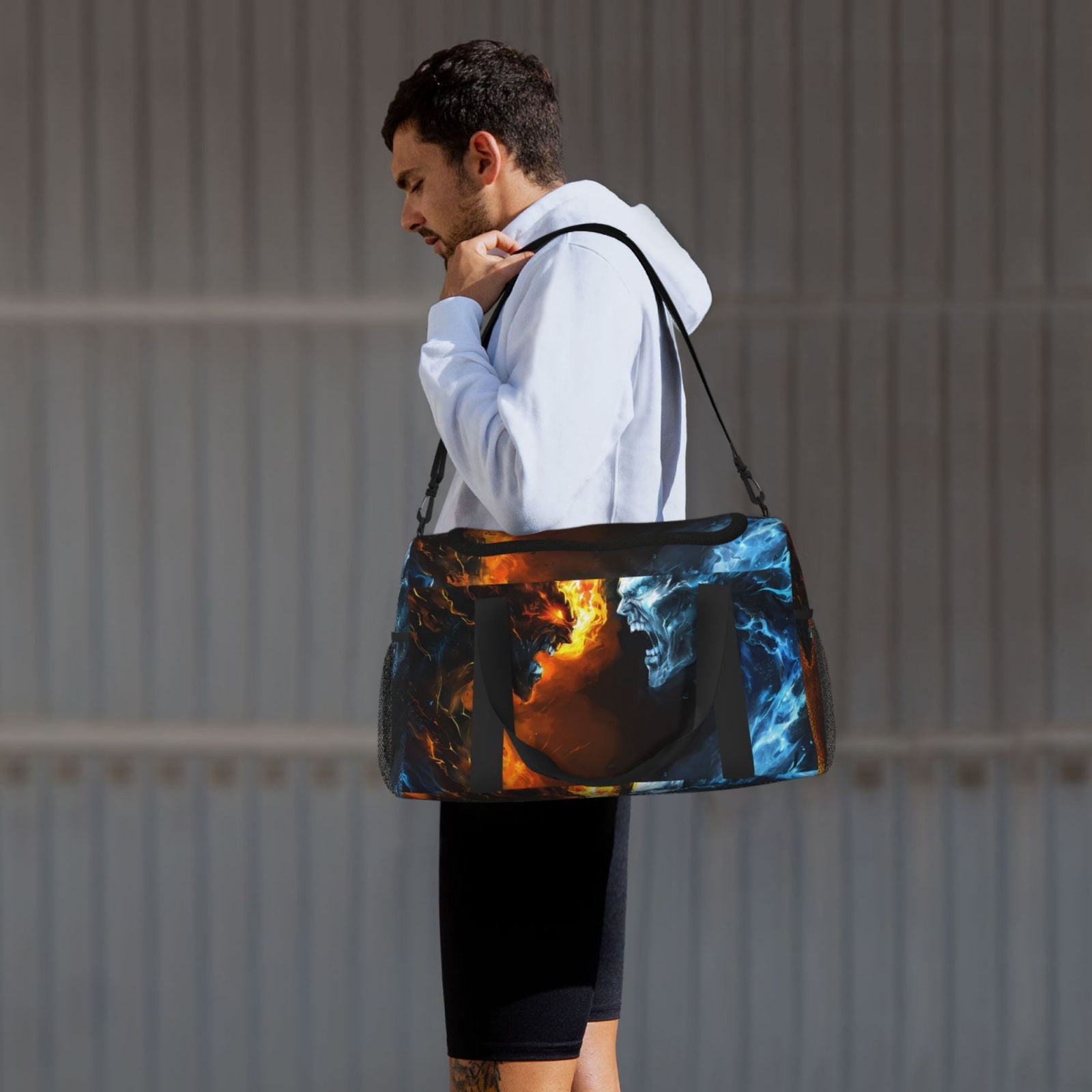 Fuzoiu Red And Blue Fire Skull Warrior Print Travel Duffle Bag,Carry On Tote Bags,Duffel Bag,Sport Gym Bag, Hospital Bag for Labor and Delivery, Overnight Bag,Luggage Bag
