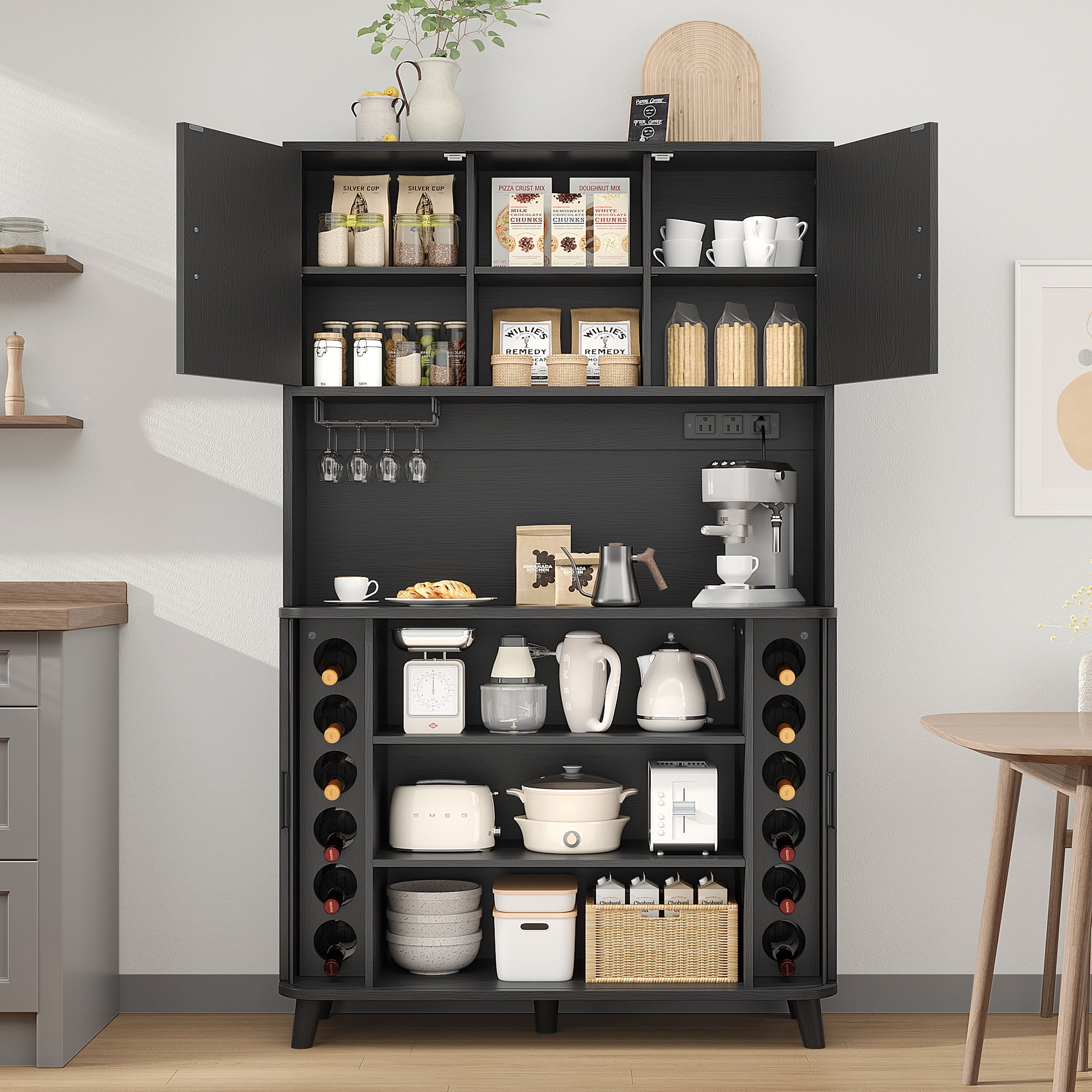 Laintene 39" W Kitchen Pantry Cabinet with Sliding Doors, Tall Storage Cabinet with Charging Station & Adjustable Shelves, Modern Bar Cabinet with Wine Rack for Dining Living Room, Black