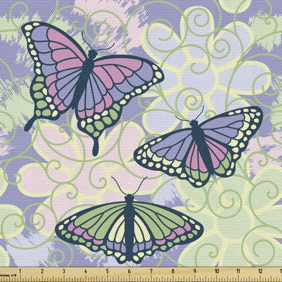 Floral Upholstery Fabric by the Yard, Flying Butterflies on Grunge Style Background Flowers in Pastel Tones, Decorative Fabric for DIY and Home Accents, Ceil Blue and Multicolor by Ambesonne