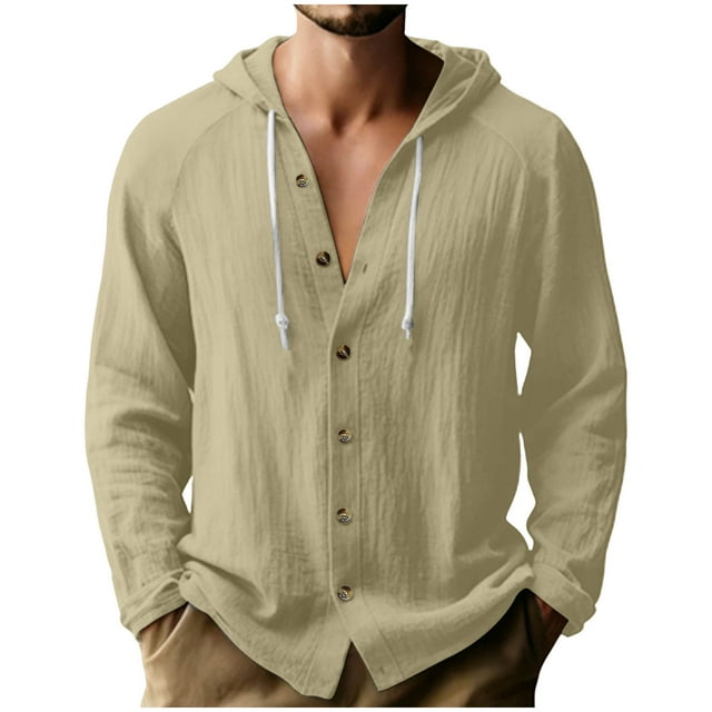 RXMEKW Solid Color Hooded Cardigan for Men with Button Front and Long Sleeves