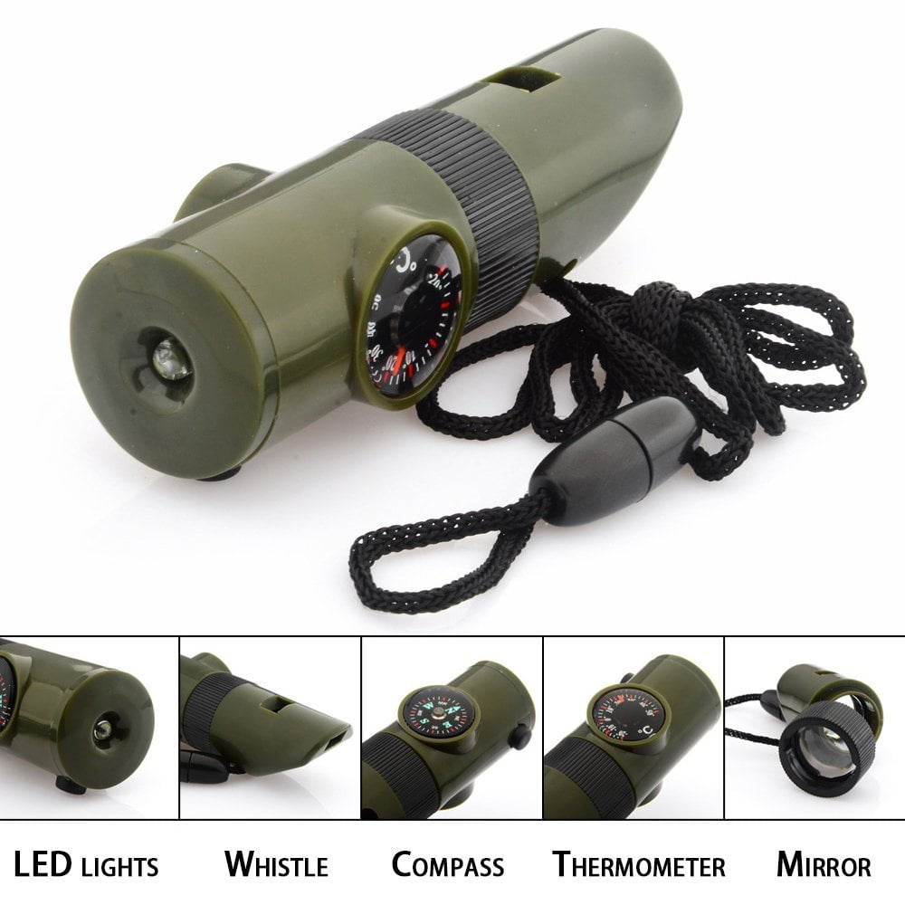 Camping Survival 7in1 Whistle Compass Thermometer Magnifier Fire LED Flashlight 