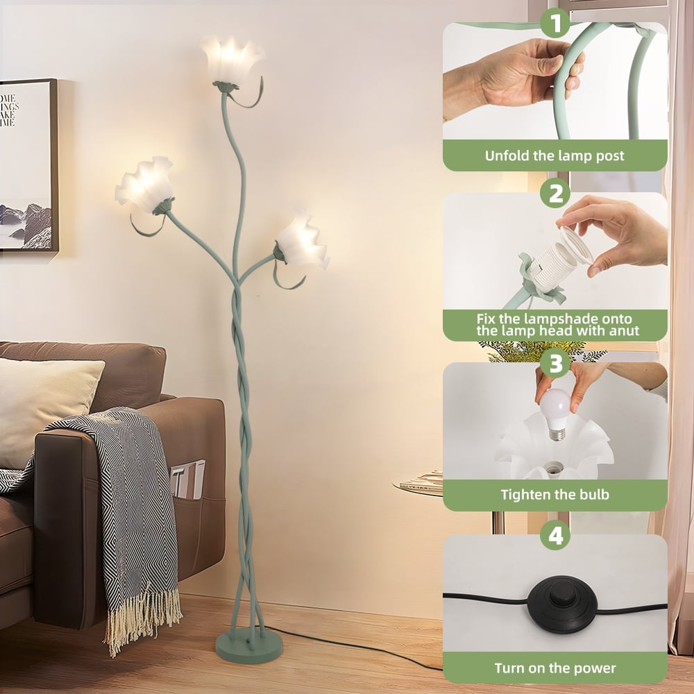Elinkume Floral Floor Lamp, Modern 3-Head Living Room Lamp, 60 Watt 15.7*15.7*66 Inch
