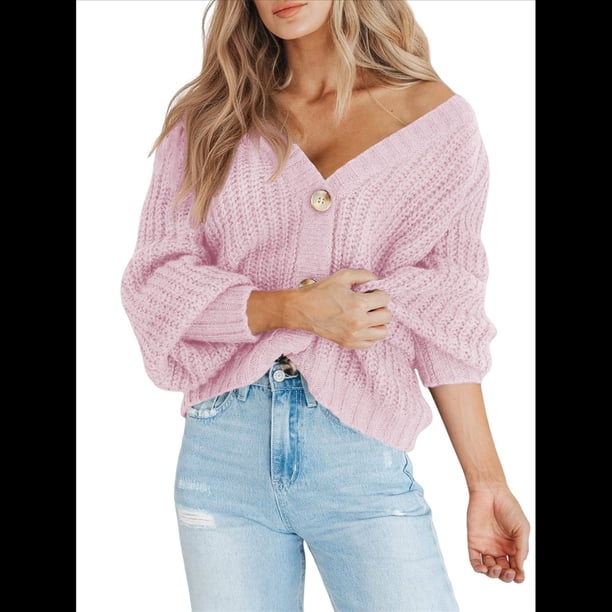 Suéter de Punto Grueso Abierto para Mujer, Larga, Botones, Cárdigan Corto Holgado, Abrigos de Abrigo. Rosa XXL