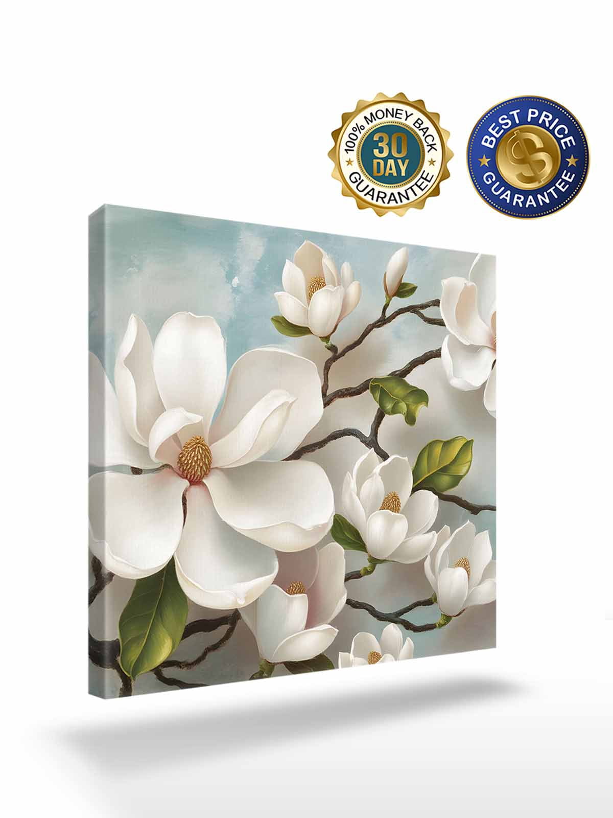 Magnolia Farmhouse Canvas Wall Art, White Floral Vintage Pastoral Botanical Framed Wall Decor Modern Artwork Prints Painting for Living Room, Bedroom, Kitchen & Cafe Decor 28x28 Inch