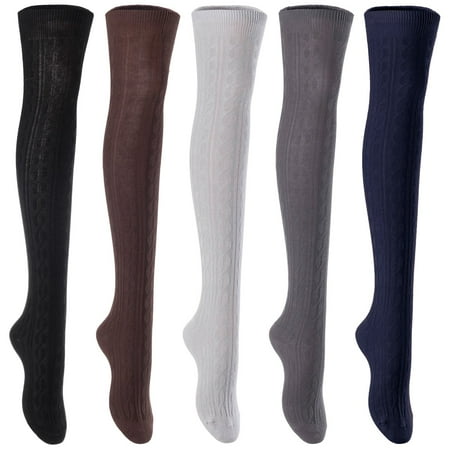 

5 Pairs Awesome Durable Women Thigh High Cotton Boot Socks. Perfect As Winter & Spring Socks Size 6-9 T1024 Black Coffee Grey Dark Grey Navy