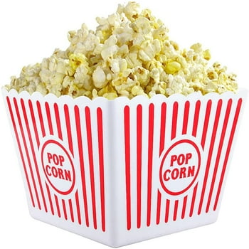 Popcorn  Plastic Classic Tub Red & White Striped Container Movie Theater Bucket Reusable Set Of 2, 9" Square x 7" Tall