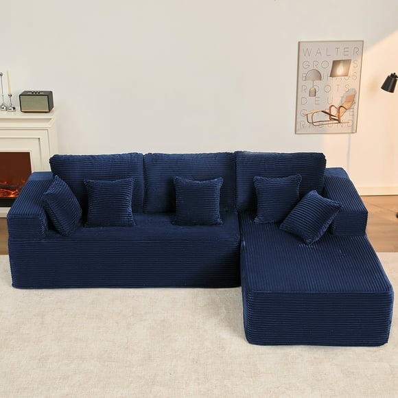 BIGSYY Modern Style 107 inches Boneless Couch, Modular Couch for Living Room with Memory Foam, L Shaped-Right, Adult, Corduroy, Blue