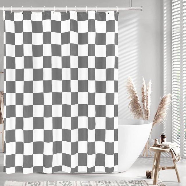 Checkerboard Grid Pattern Shower Curtain - White Grey Modern Design, Aesthetic Shower Curtain Sets Decoration, 71x71 Inch with Hooks, Perfect for Minimalist and Contemporary Bathrooms