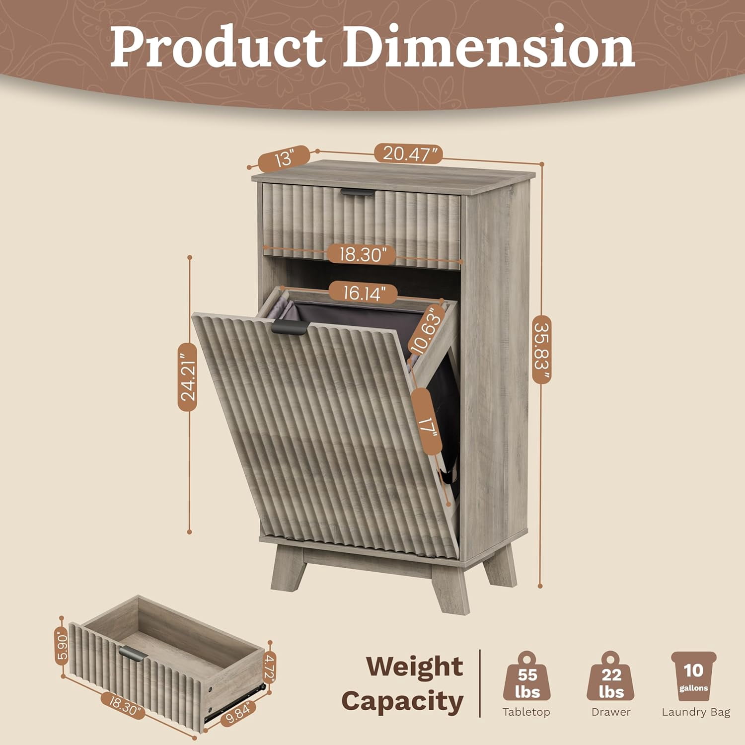 FANRAL Single Tilt Out Laundry Hamper Cabinet,10 Gallon Wooden Hidden Storage Cabinet,Fluted Trash Can for Bathroom Kitchen Living Room,Gray Laundry Basket Cabinet