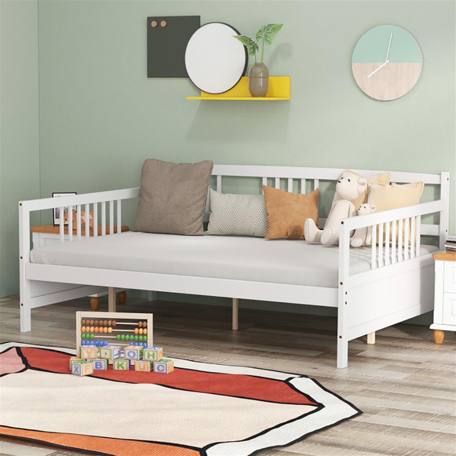 Demi Bonn Wooden Full Size Daybed Frame with Guardrails, Modern Bed Frame for Teens, White