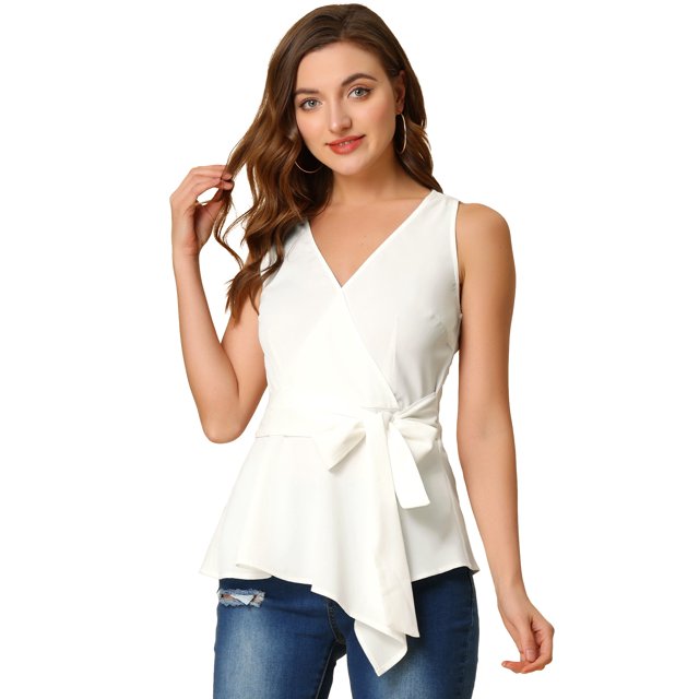 INSPIRE CHIC Hauts d'Été Sans Manches à Encolure en V Portefeuille à Taille Nouée pour Femmes