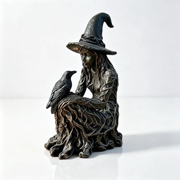 Gothic Witch & Raven Statue, Resin Sitting Witch Statue 7.87in | Mysterious Halloween Figurine with Crow, Tabletop Witchy Decor, Gothic Gift, Indoor & Covered‑outdoor Use