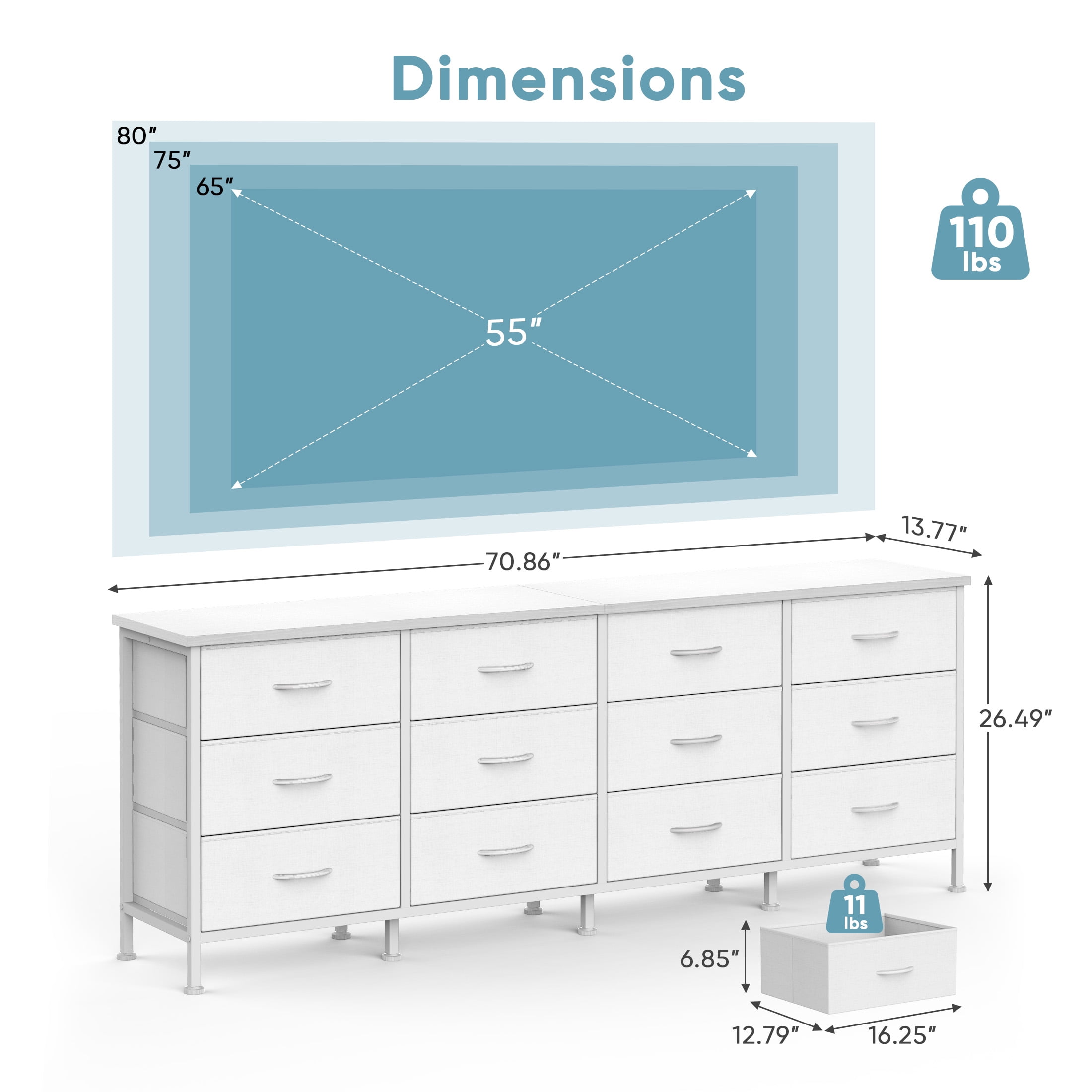 CONCETTA 12 Drawer Storage TV Dresser, Metal Frames Resist Deformation, Adjustable Feet Prevent Tipping, Accommodates TV Up to 80 inch, Suitable for Living Room, White