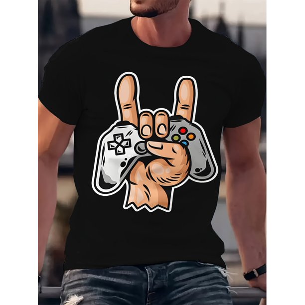 1pc Men's Casual Crew Neck T-Shirt, 100% Cotton Knit Fabric, Novelty Gaming Controller Print, Short Sleeve, Regular Fit, Summer Comfort Tee, Funny Graffiti Pattern, Digital Print, Summer Gifts