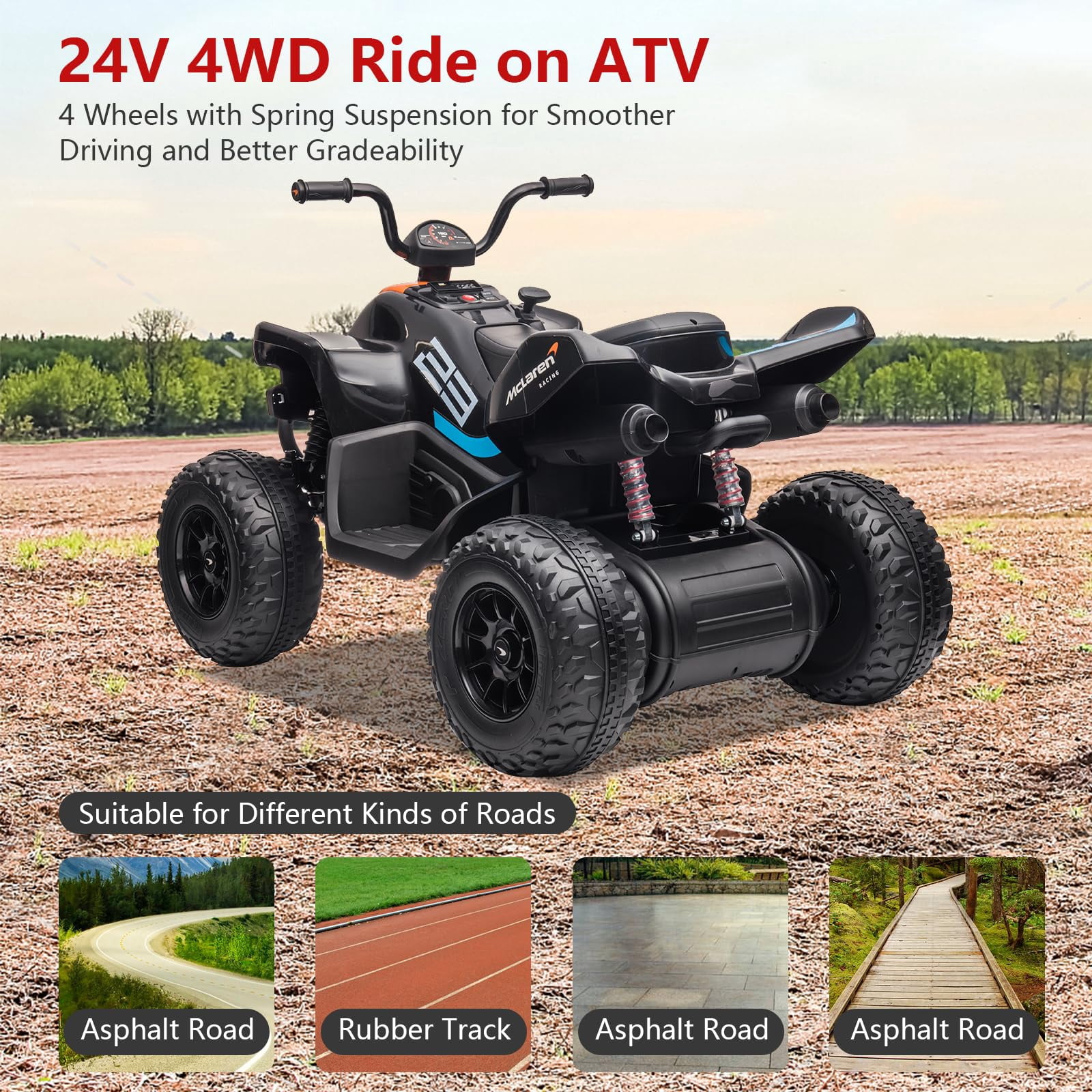 24V Battery Powered, 4-Wheeler Quad Car Toy ATV for 3-8yrs, Electric Off-Road Car with 2 Speeds, LED Lights, Bluetooth, MP3