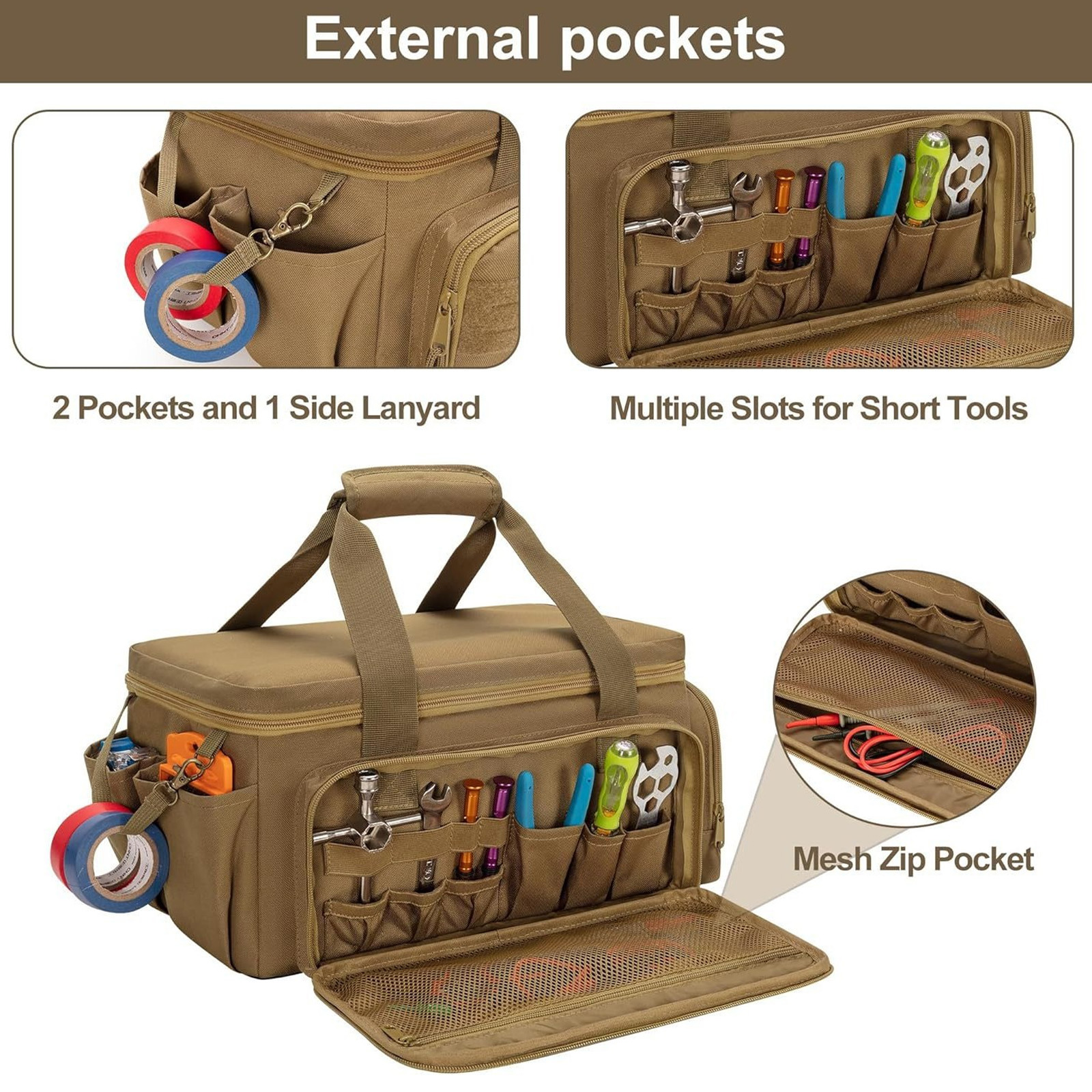 Padded Handle Tool Carry Bag With Wide Opening And Two Way Zippered Access Work Organiser with Elastic Bands