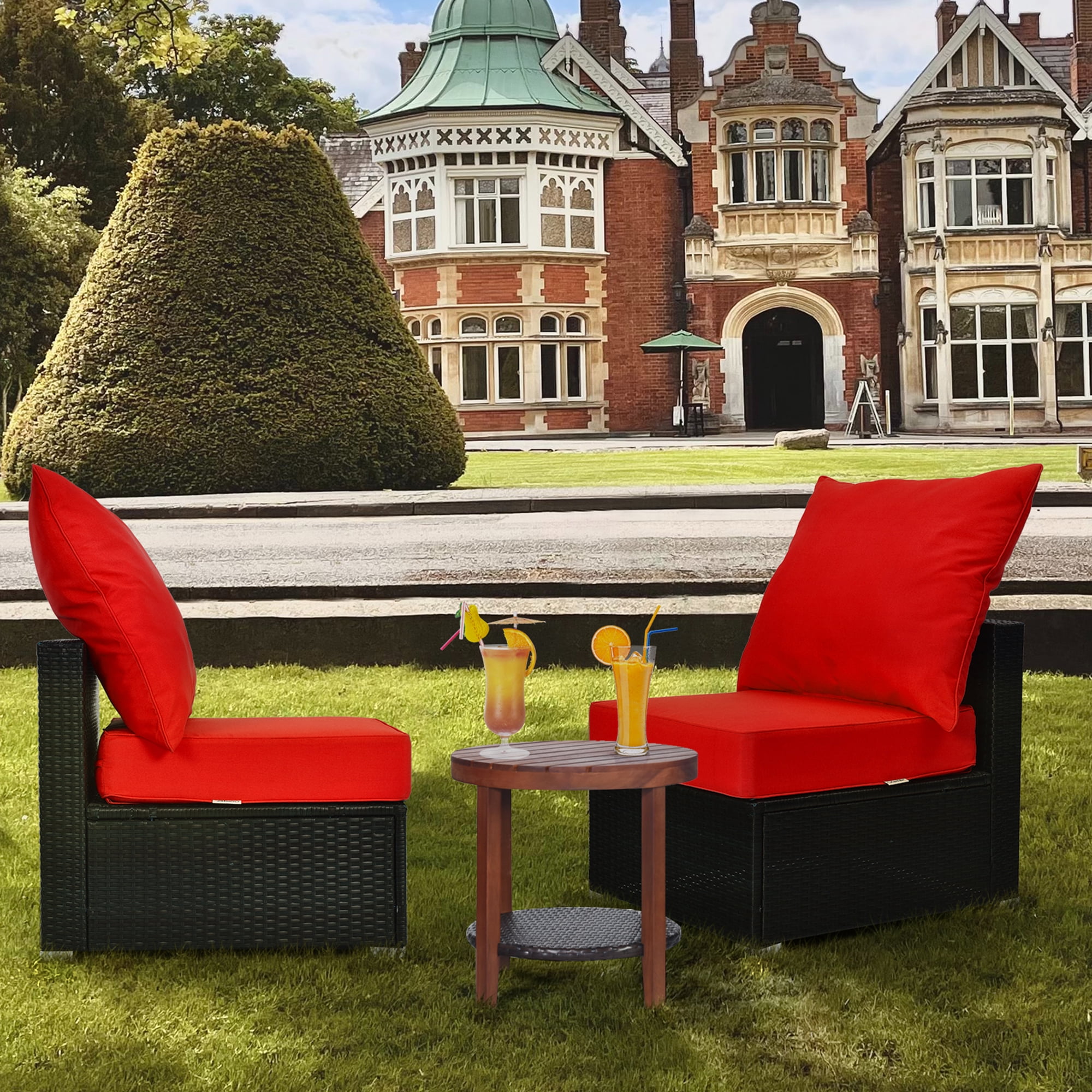 Gymax 2PCS Deep Seat Chair Cushion Pads Set Indoor Outdoor W/ Rope Belts Red