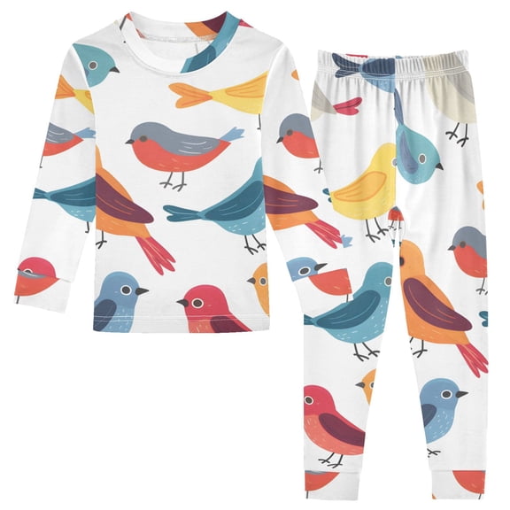 Little Colorful Birds Cartoon Cotton Pajama Set Long Sleeve Top and Pants Sleepwear Unisex 18M
