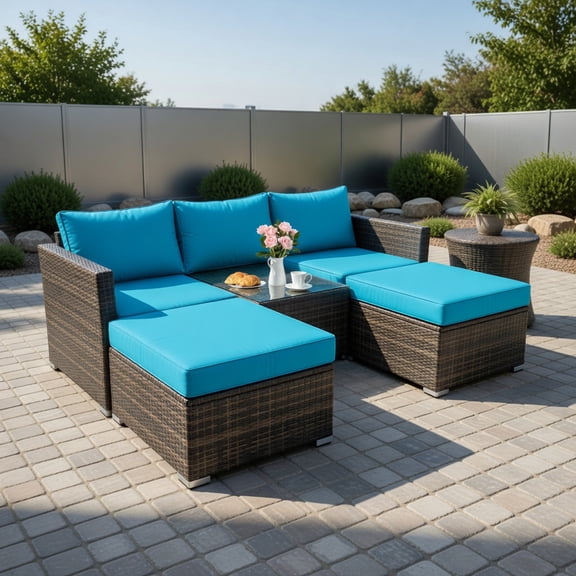 Topcobe 5 Pieces Patio Rattan Furniture Set with Cushioned Armless Sofa, Modern Patio Furniture Set-Turquoise
