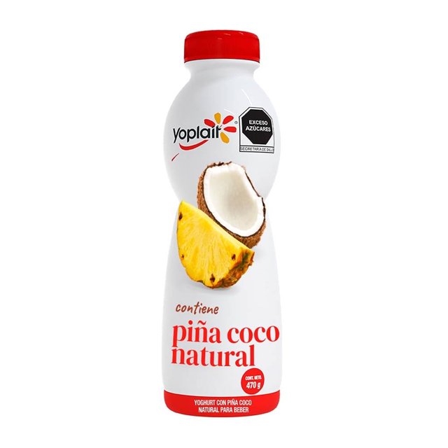 Yoghurt bebible Yoplait con piña coco natural 470 g en botella blanca con tapa roja, bebida láctea cremosa con fruta natural de piña y coco, ideal para nutrir y mantener energía durante el día.