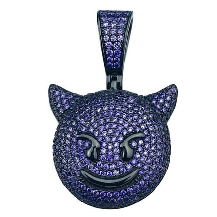 Real Solid 925 Sterling Silver Purple Iced Smiling Laughing Devil Horns Emoji Pendant