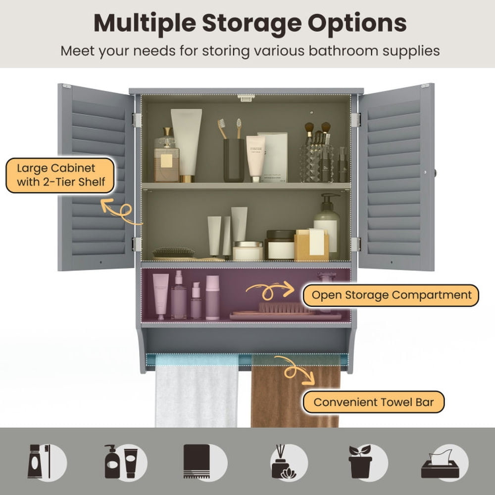 Finihen Bathroom Wall Cabinet, Wall Mounted Bathroom Cabinet, Medicine Cabinet, 2-Doors Bathroom Wall-Mounted Medicine Cabinet with Towel Bar, for Bathroom, Gray Finihen Bathroom Wall Cabinet, Wall Mounted Bathroom Cabinet, Medicine Cabinet, 2-Doors Bathroom Wall-Mounted Medicine Cabinet with Towel Bar, for Bathroom, Gray