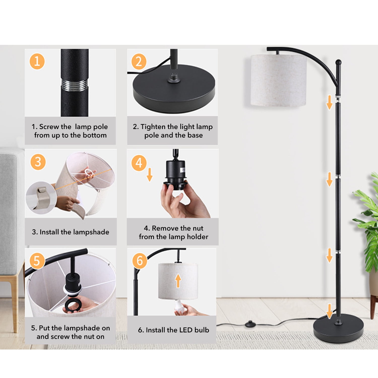 BN-LINK Dimmable Floor Lamp with 3 Color Temperatures, Standing Lamp with Linen Shade & LED Bulb Included, Tall Lamp for Living Room, Office, Dining Room(Black)