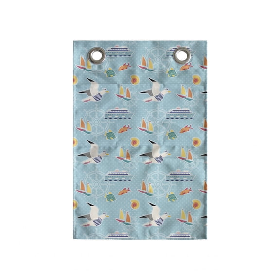 Marine Hanging Pocket Organizer, Concept of Nautical Elements Seagulls Sailboats Fish and Yachts, Printed Polyester Storage Bag with Pockets, 14" x 20", Pale Sky Blue Multicolor