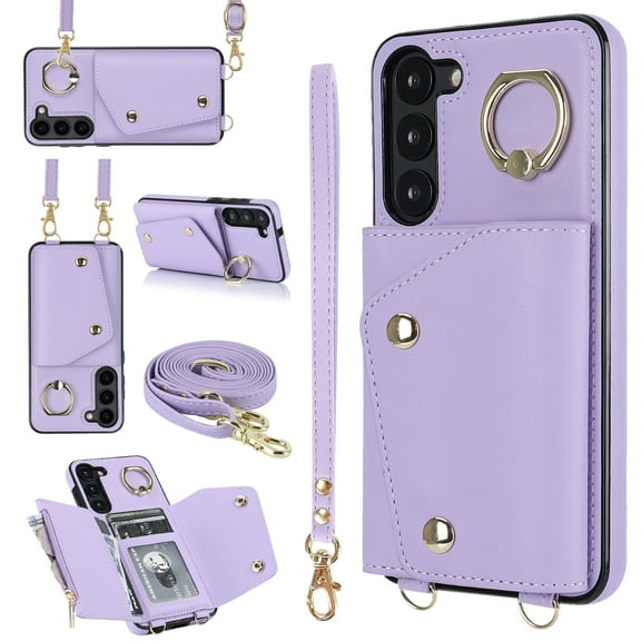 Crossbody for Samsung Galaxy S21 Phone Case for Women, Wallet Case with Credit Card Holder Shoulder Strap & Wrist Lanyard Shockproof Purse Back Flip 360 Ring Holder Kickstand Case,Purple